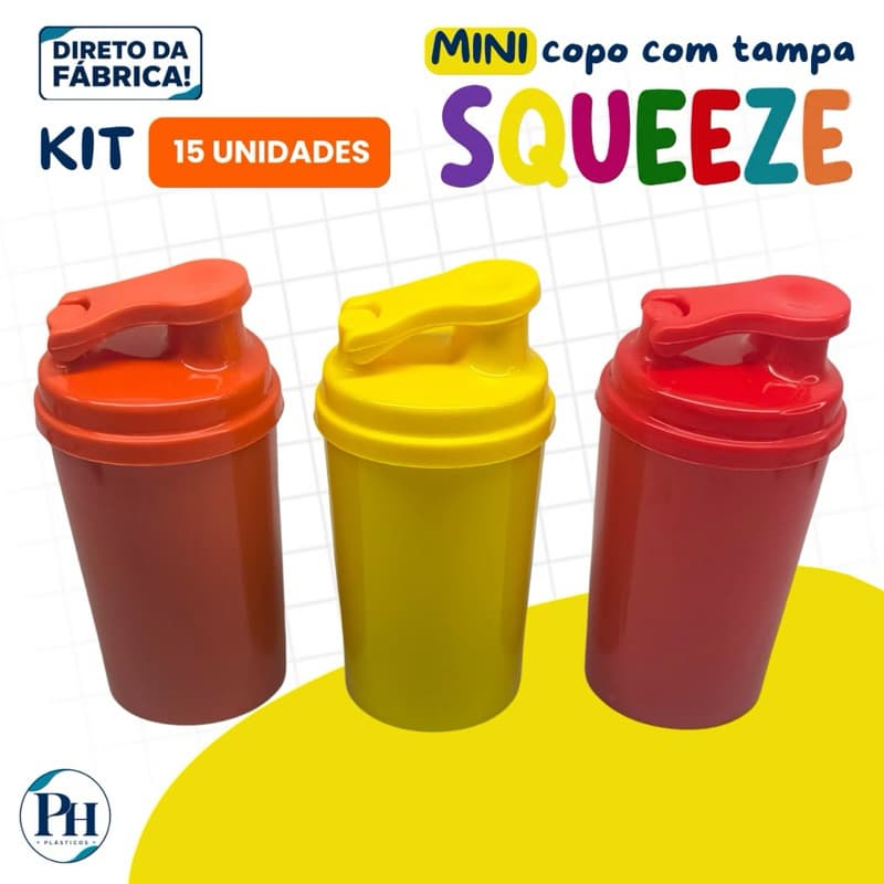 KIT 15 COPOS MINI DRINK 200ML COM TAMPA SQUEEZE | MINI SQUEEZE/COQUETELEIRA/SHAKEIRA | FESTAS, EVENTOS E LEMBRANCINHAS