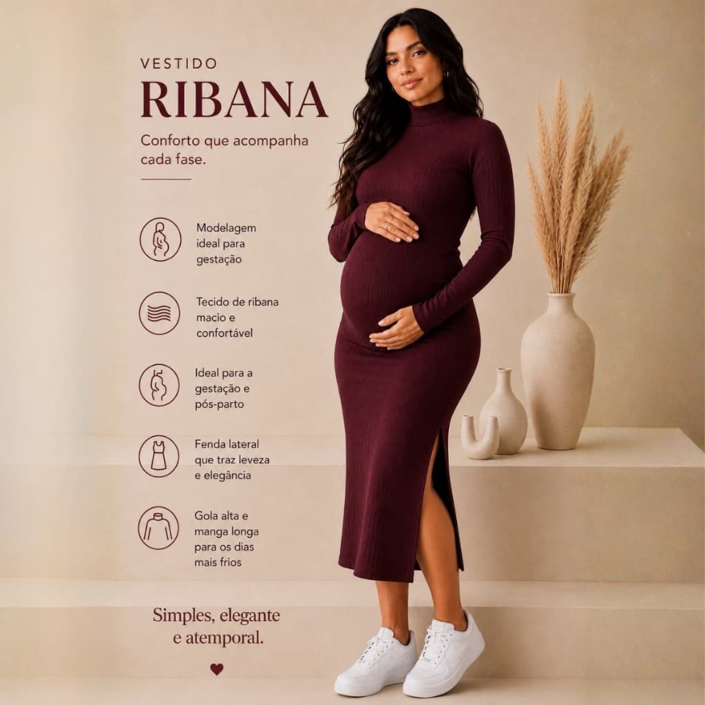 Vestido Casual Materno Gestante Gravidez de Manga Longa Ribana de Algodão Alta Elasticidade Confortavel com Gola Alta