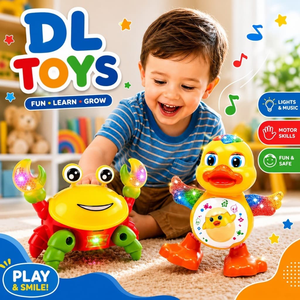 Kit Caranguejo Fujão + Patinho Dançante Brinquedos Infantil Com Luz Som bebe