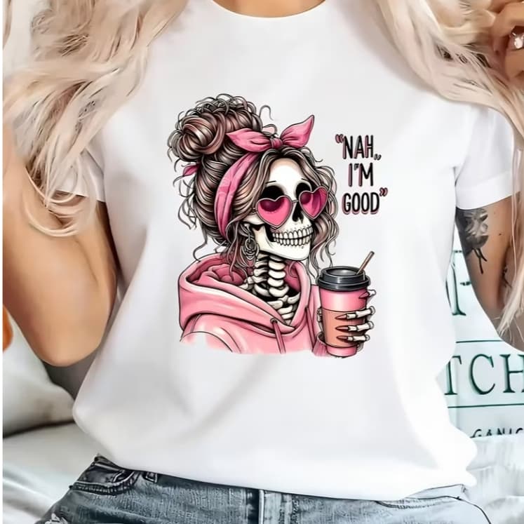 Camiseta Feminina Caveira Estilosa Coffee Algodão Macio T-shirt Casual