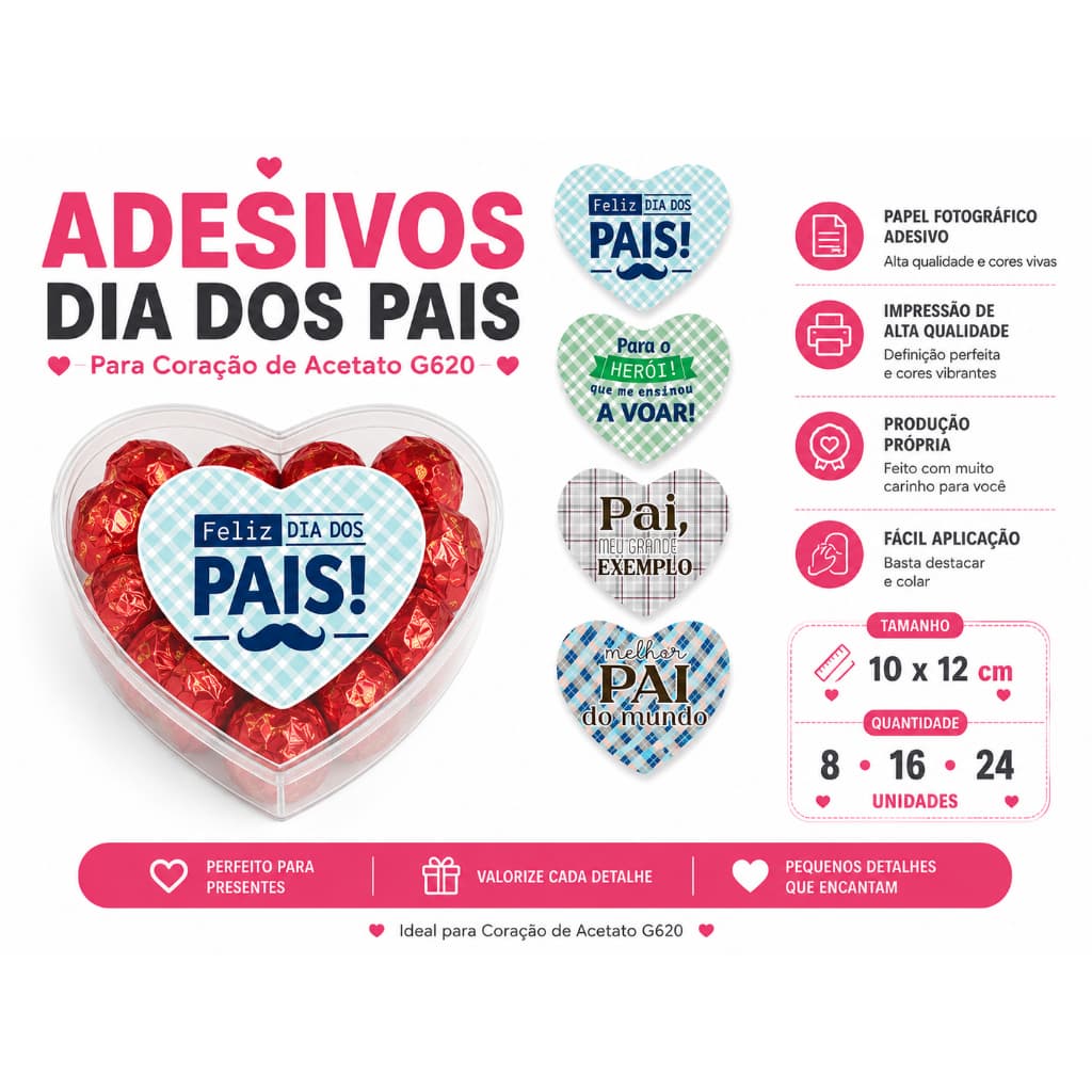 Adesivo Dia dos Pais 10x12cm para Embalagem Coração G620 Etiqueta Kit 8 16 24 Unidades