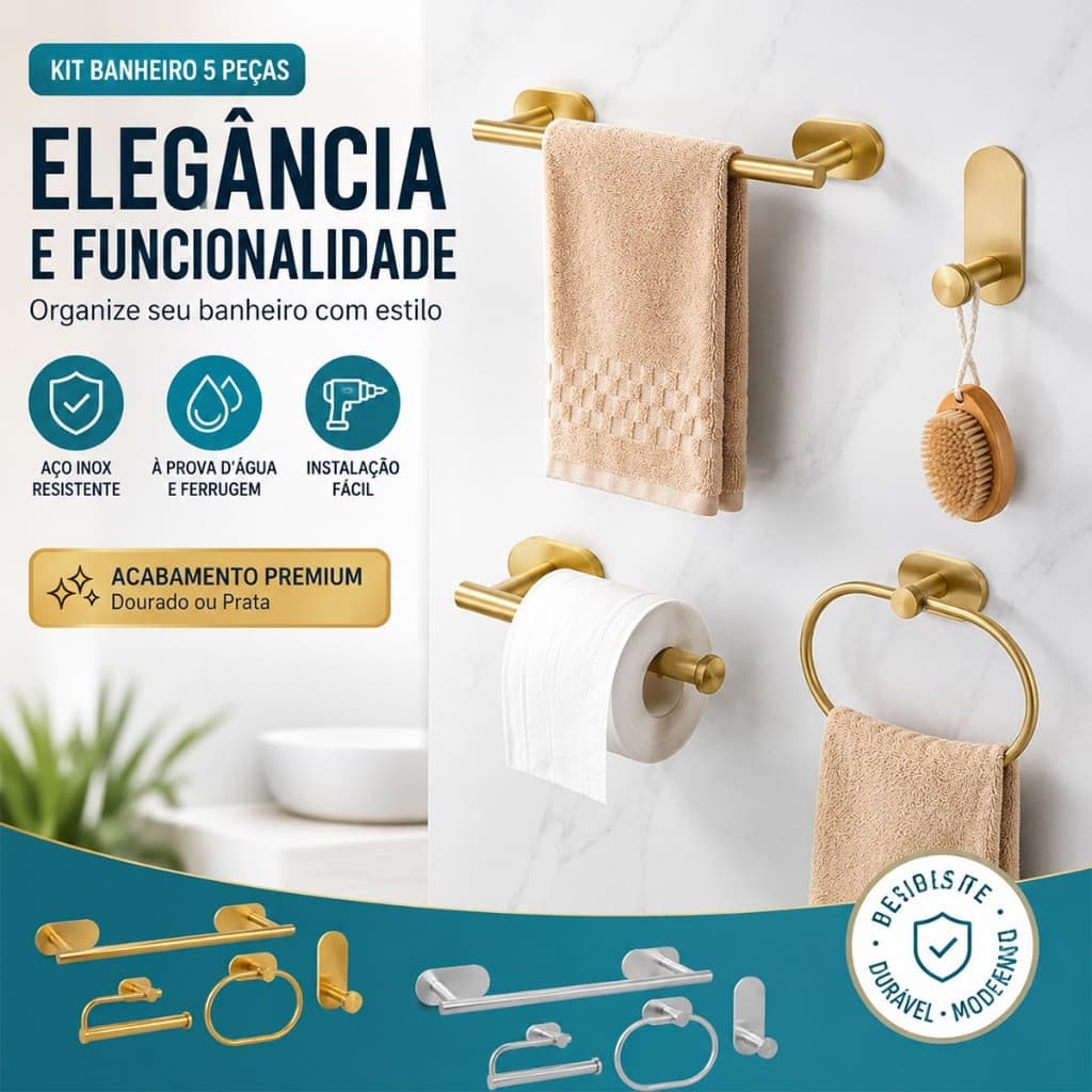 Kit 4 Peças Acessórios Banheiro Aço Inox Autoadesivo Sem Furação Porta Toalha e Gancho