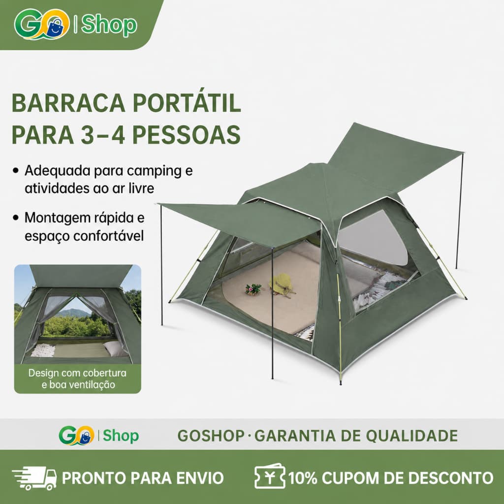GOSHOP Barraca Camping Automatica Verde Militar Silver 210x210x142cm Impermeavel Com Avanco Frontal Kit Completo