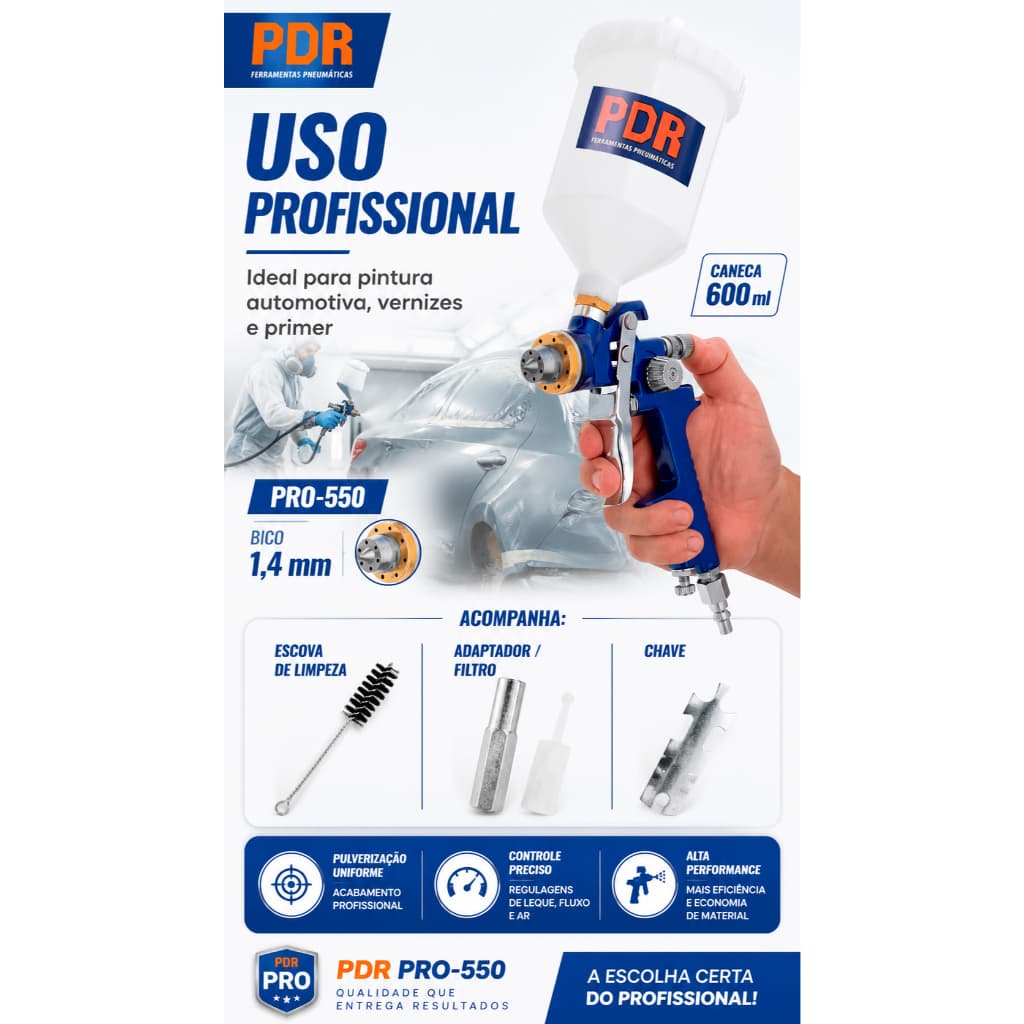 Pistola Pintura HVLP PDR PRO550 1.4mm 600ml Acabamento Profissional e Economia de Tinta