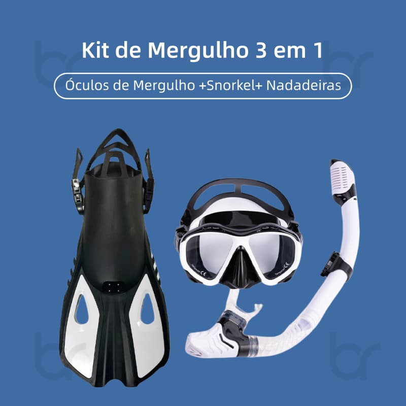 Kit Snorkel Completo 3 em 1 Máscara de Mergulho + Respirador + Nadadeiras Adulto