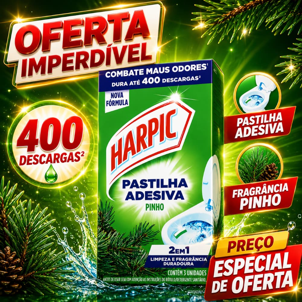Harpic Limpador e Aromatizador Sanitário Pastilha Adesiva Power 2 em 1 Pinho 3 unidades