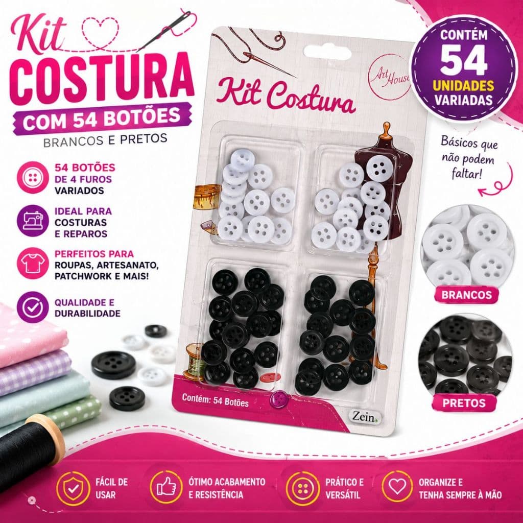 54 Botões 4 Furos Brilhante Plástico Preto e Branco Sortidos Botão p Confecção Vestidos e Artesanato
