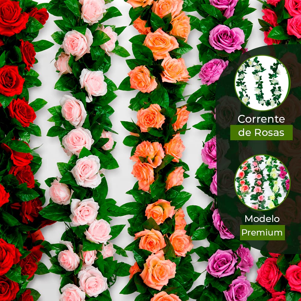 Corrente De Rosas 2.2 Metros Trepadeira Artificial Folhagem Flores Grandes Decoração