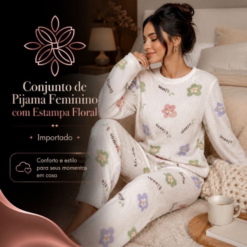Conjunto de Pijama Feminino com Estampa Floral | Aconchegante Calça Longa Gola Redonda