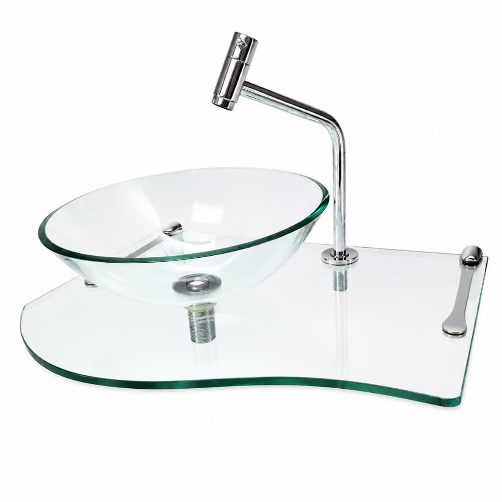 Lavatório de Vidro com Cuba 30cm e Suporte Pelicano | 36x50cm | Incolor Preto Branco