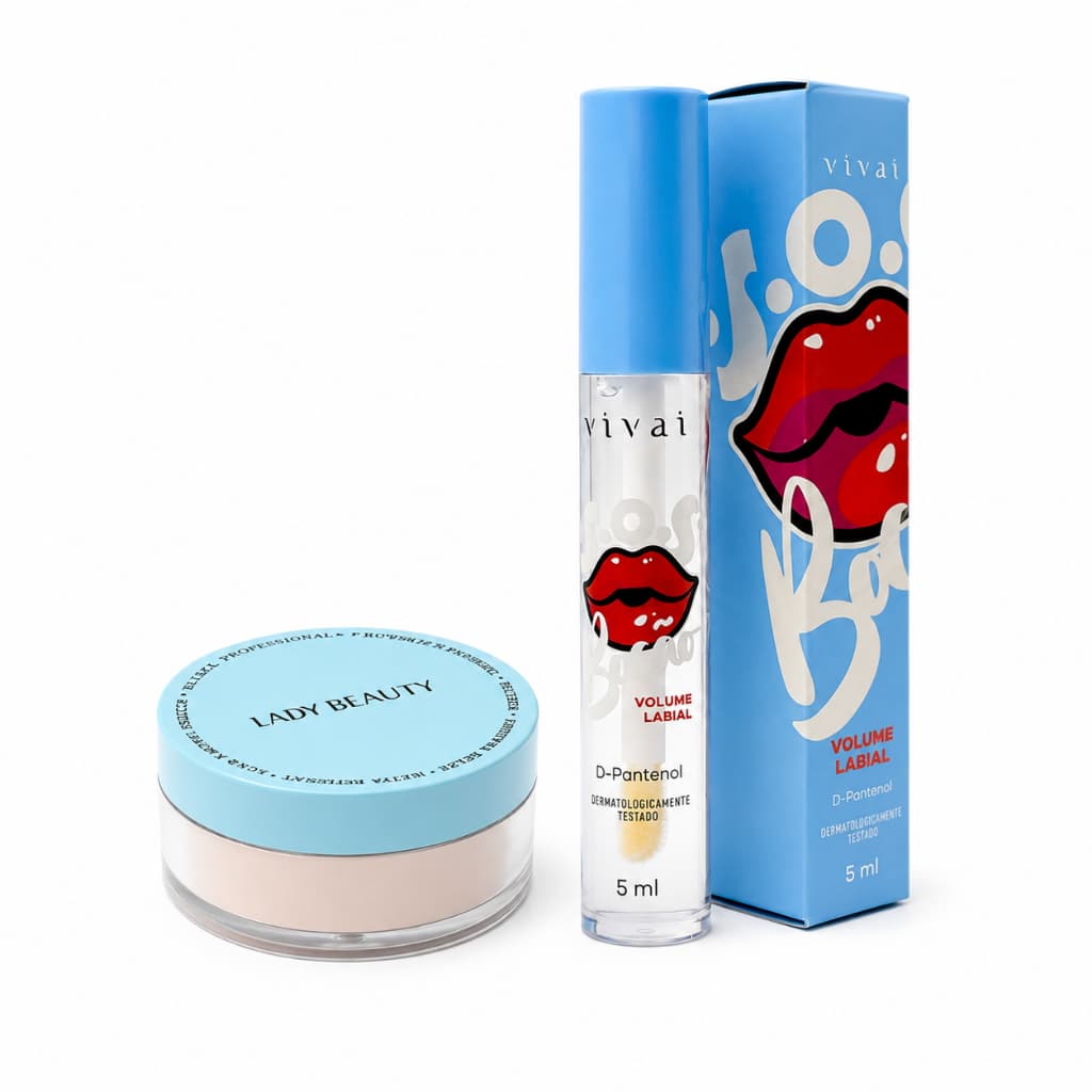 Kit Pó Solto Translúcido Tapioca Lady Beauty + Gloss Aumenta os Lábios Incolor Vivai