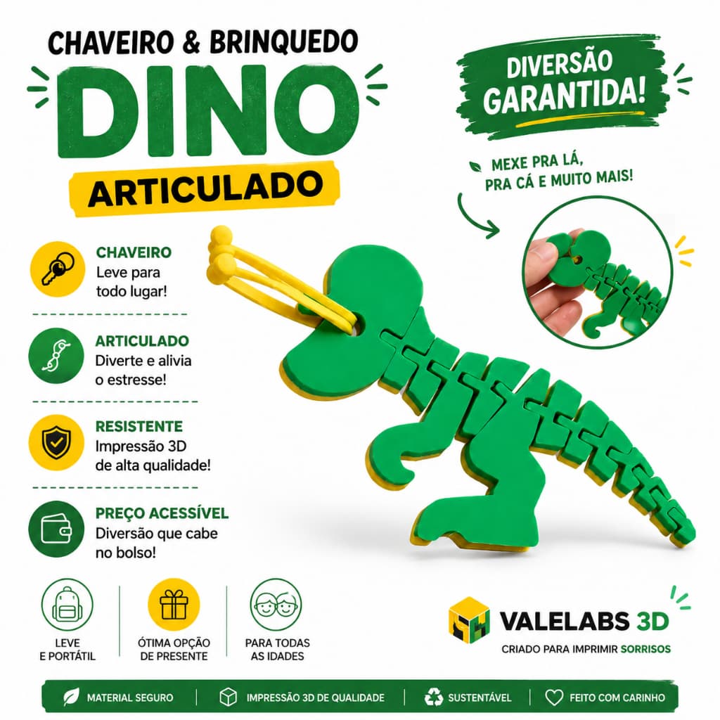Chaveiro Dino Articulado 3D com Cordão | Dinossauro Flexível para Chaves, Mochilas e Bolsas