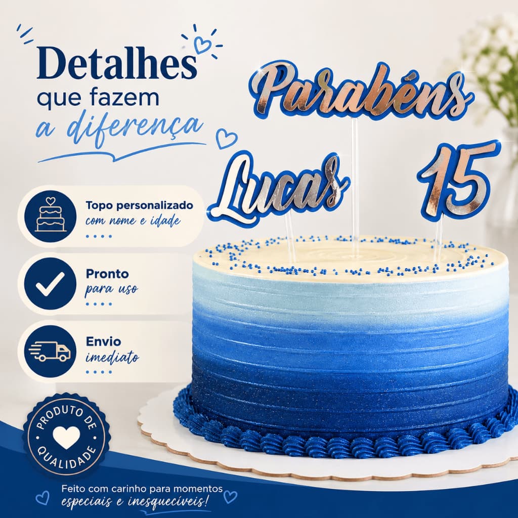 Topo de Bolo Parabéns Personalizado com Nome e Idade | Pronto para Uso | Envio Imediato | Azul Espelhado e outras cores