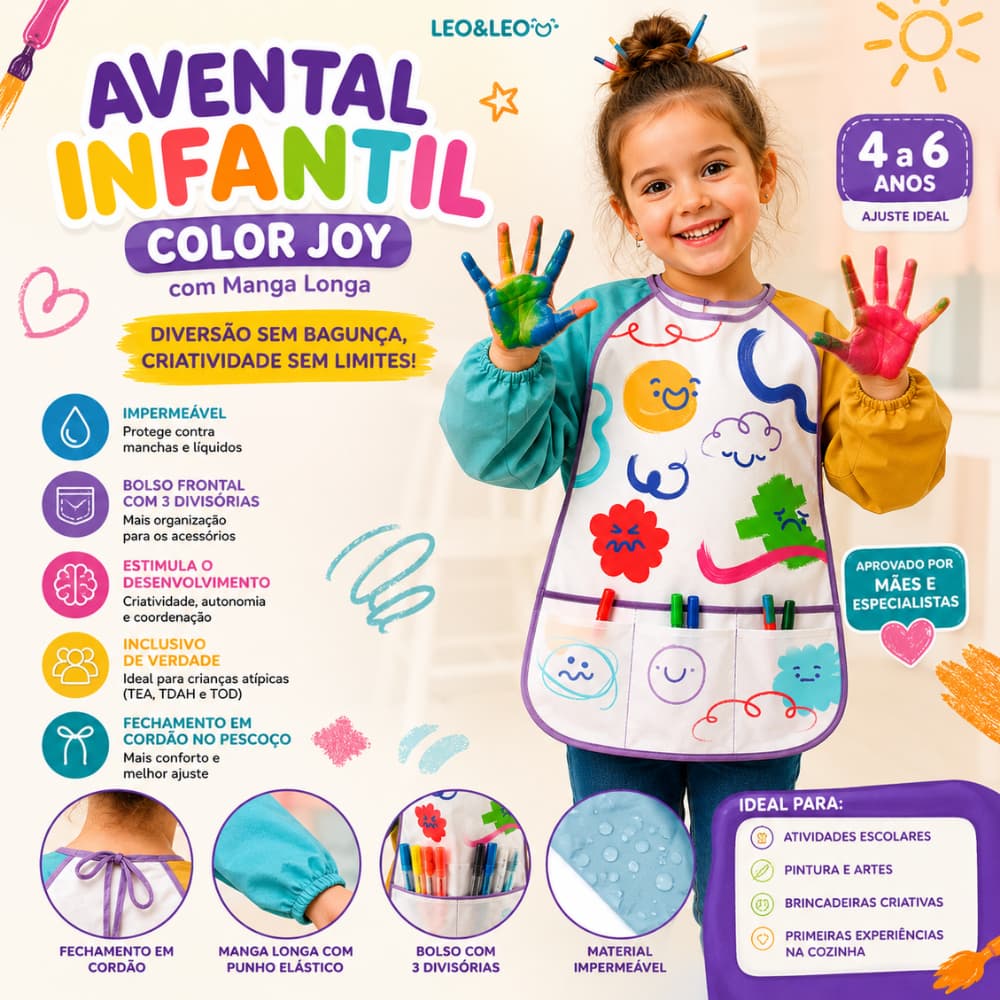 Avental Infantil Manga Longa Impermeável com Bolso 3 Divisórias Escolar Pintura Cozinha Artes Criança Color Joy