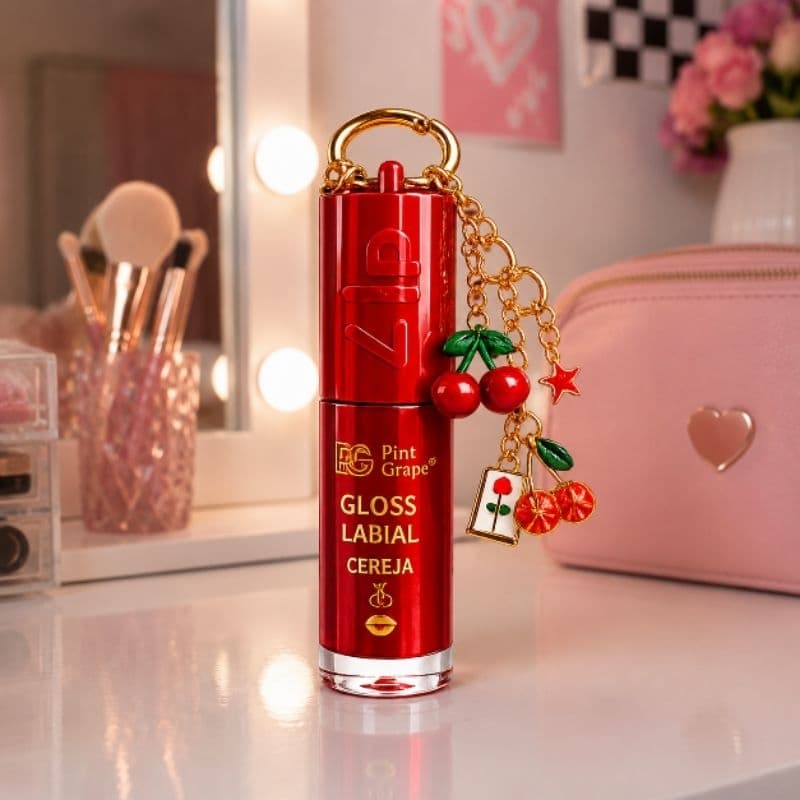 Gloss Labial Cereja Hidratante com Chaveiro Colecionável Brilho Labial Cherry Viral Presente