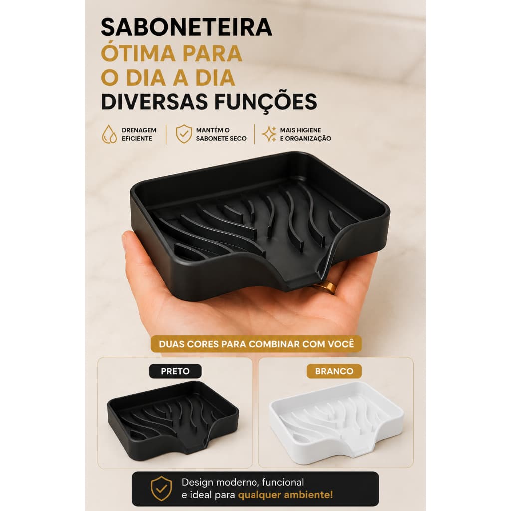 Porta Sabonete Saboneteira Drenante Organizador Multiuso Banheiro Pia Cozinha Plástico Preto e Branco