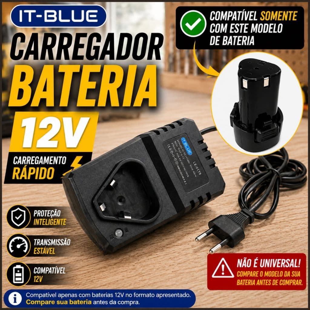 Carregador de Bateria 12V para Parafusadeira e Furadeira Bivolt com LED Indicador