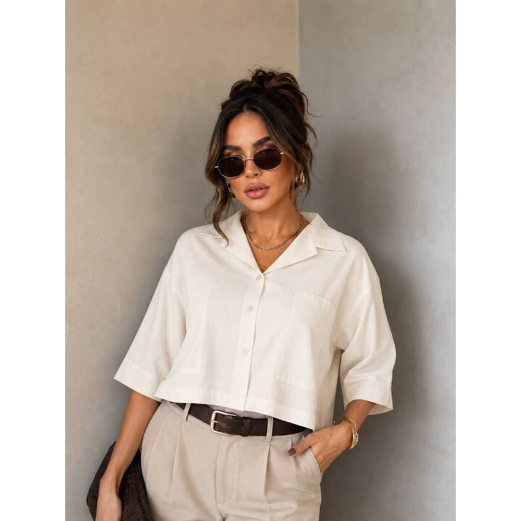 Cropped Camisa Feminina Manga Curta Dobrada Bolsos Casual Cropped Feminino Camisa