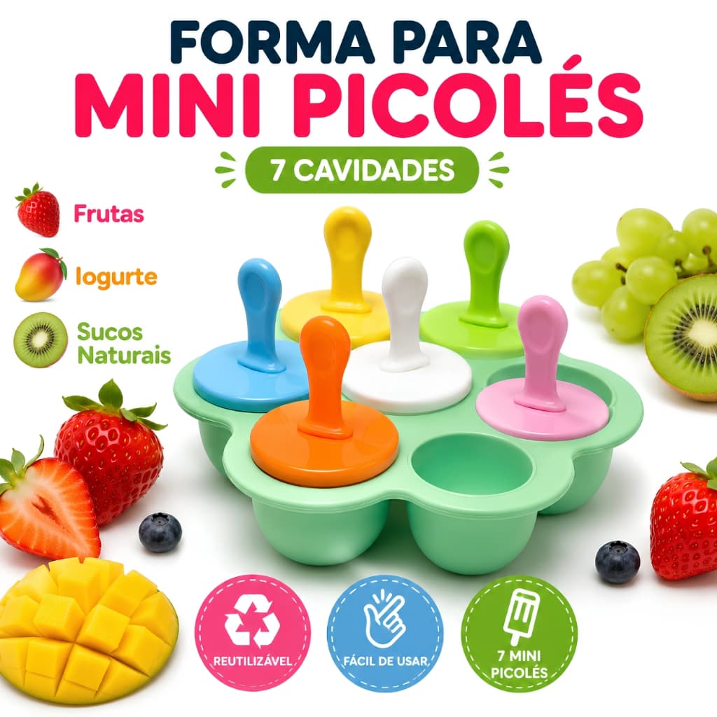 Forma Sorvete Picolé para Crianças Bebês até 7 Sorvetes Reutilizável Prático