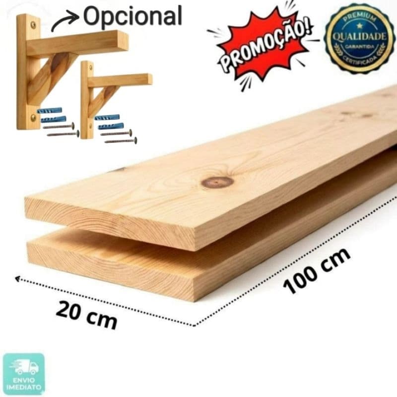 TÁBUA DE PINUS 20x100cm Aparelhada e lixada c/ Mão Francesa para Prateleira, nichos e Decorações. Madeira natural MACIÇA