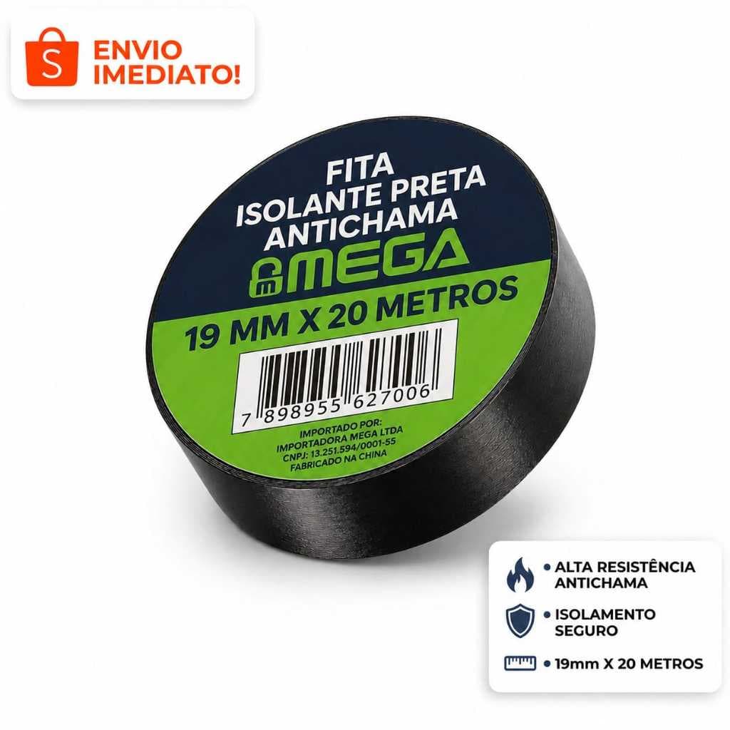 Fita Isolante 20 Metros Antichama Resistente Preta