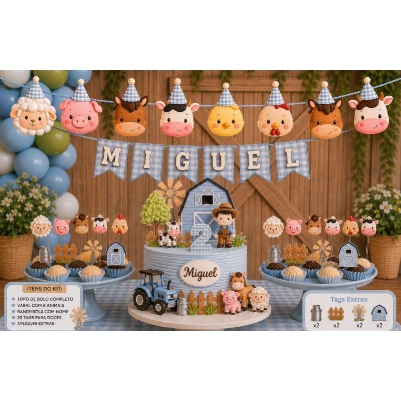Kit Só Um Bolinho Fazendinha Menino Personalizado Topo de Bolo Varal Nome + 20 Tags Festa Infantil Premium