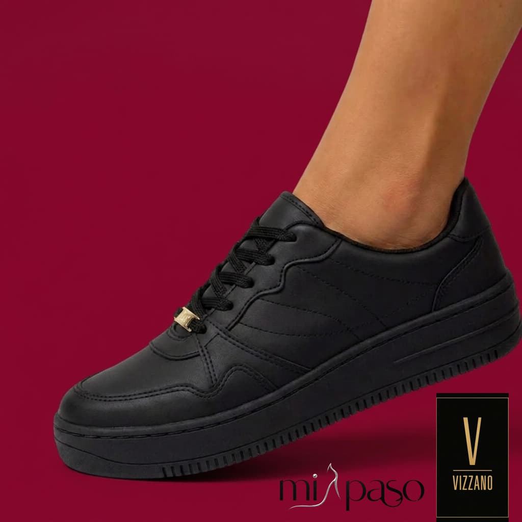 Tênis Vizzano Casual Preto Napa Feminino Plataforma Liso Original Confortável Flatform Antiderrapant