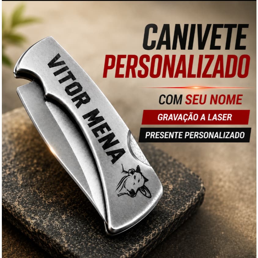 Canivete Estilo Zebu Não Enferruja Inox C/ Trava De Segurança e Clip, Personalizado com Nome