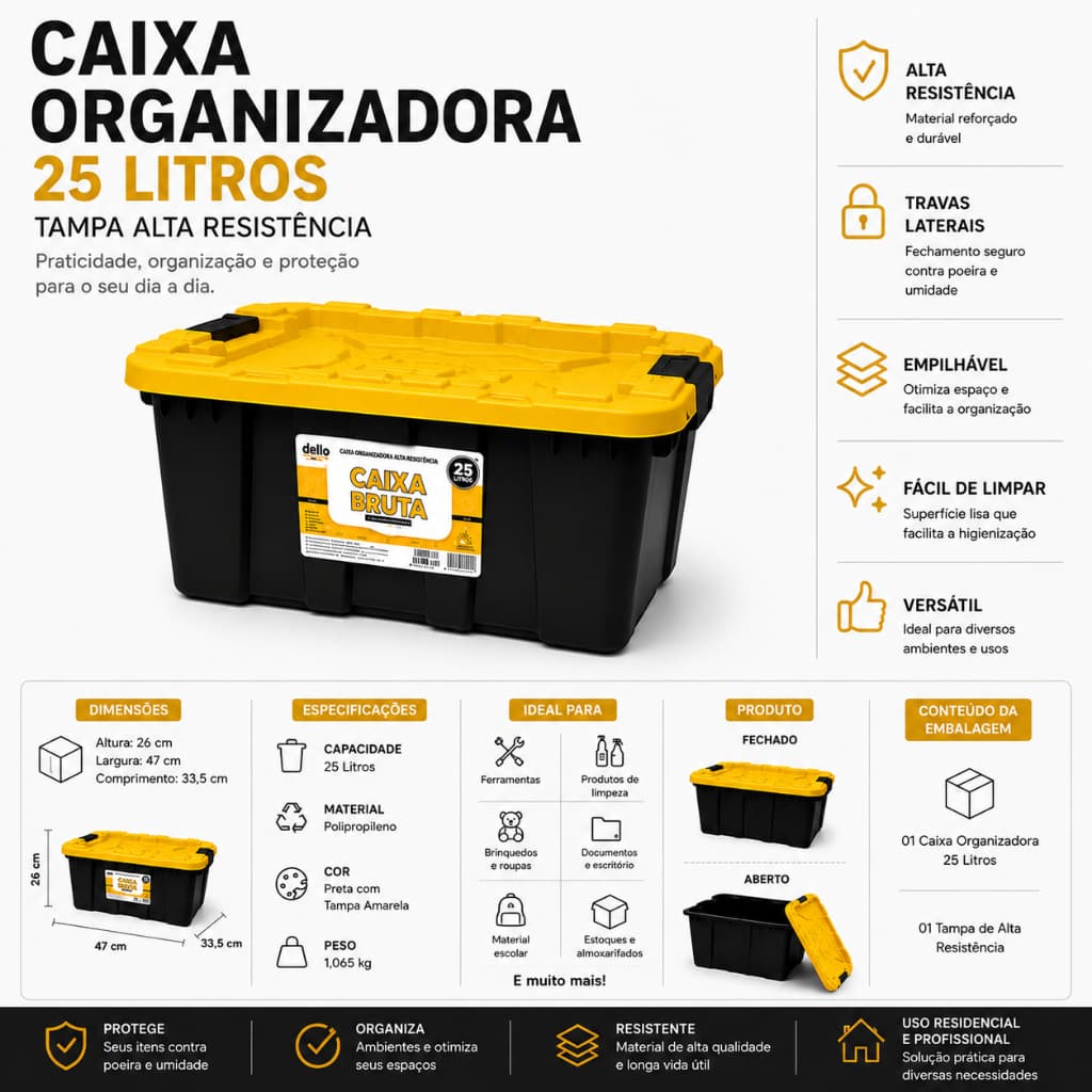 Caixa Organizadora 25 Litros Tampa Travas Laterais Empilhavel Plástico Reforçado Preto Amarelo
