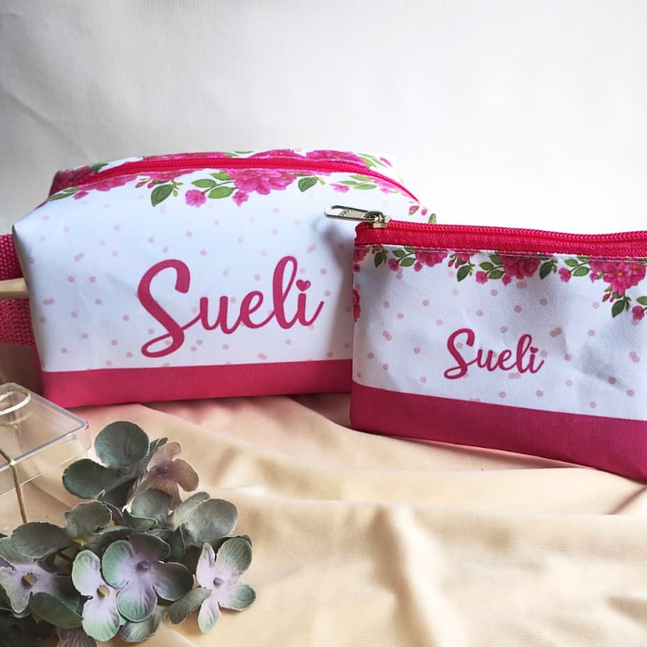 Kit Necessaire Pink Personalizada + Porta-Moeda Floral Pink com Nome | Presente Feminino | Lembrança l Amiga