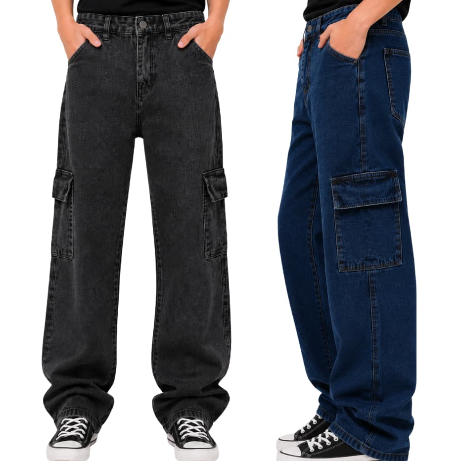 Kit Calça Cargo masculina jeans e marmorizada Juvenil Modinha Menino Regulagem Interna Premium 2 bolso laterais 10 ao 16