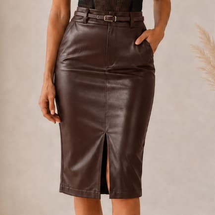 Saia Midi Couro Fake Fenda Frontal Lápis Feminino Courino Ecológico Modeladora Cintura Alta Slim