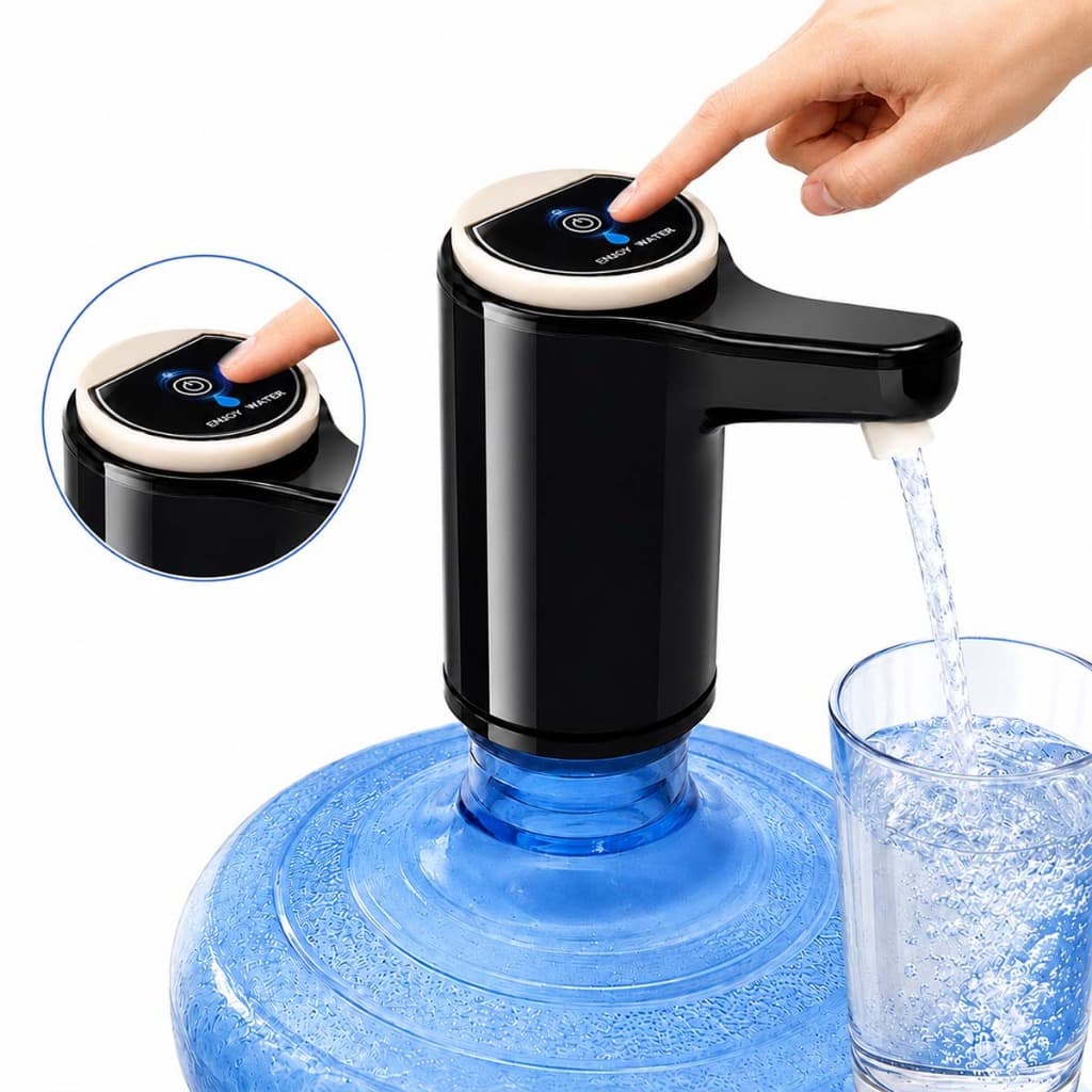 Bomba de Água Elétrica USB Recarregável, Dispenser para Galão Cores Preta e Branca, Prática para Uso Diário