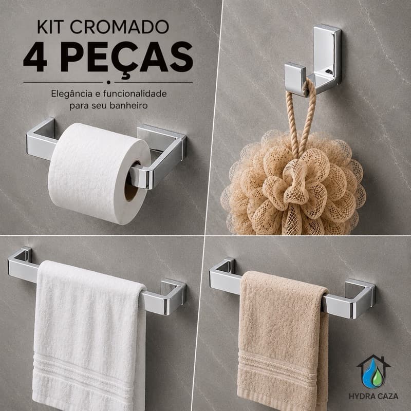 Kit Acessorios Banheiro 4 Peças Cromado Luxo Lavabo Prateado Premium