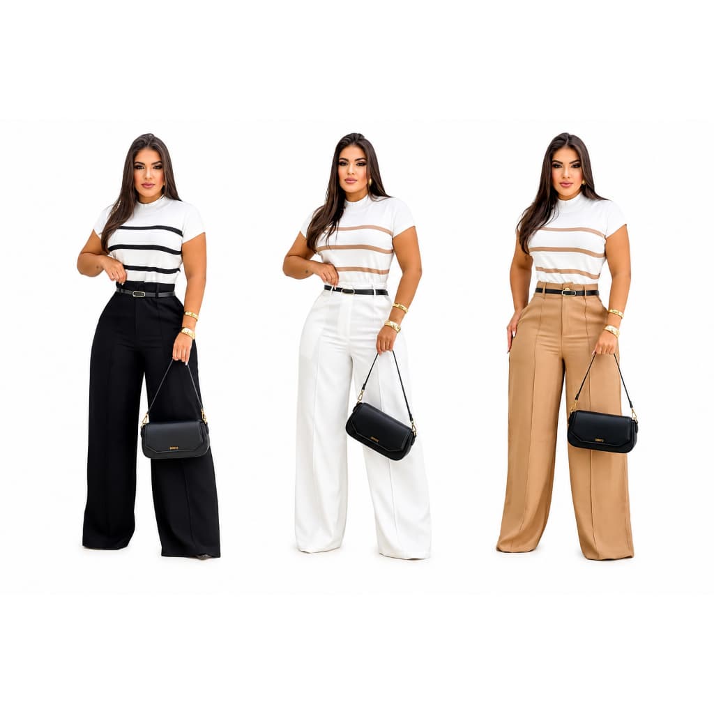 Calça Pantalona Alfaiataria Feminina Elegante Cintura Alta Elástico nas Costas