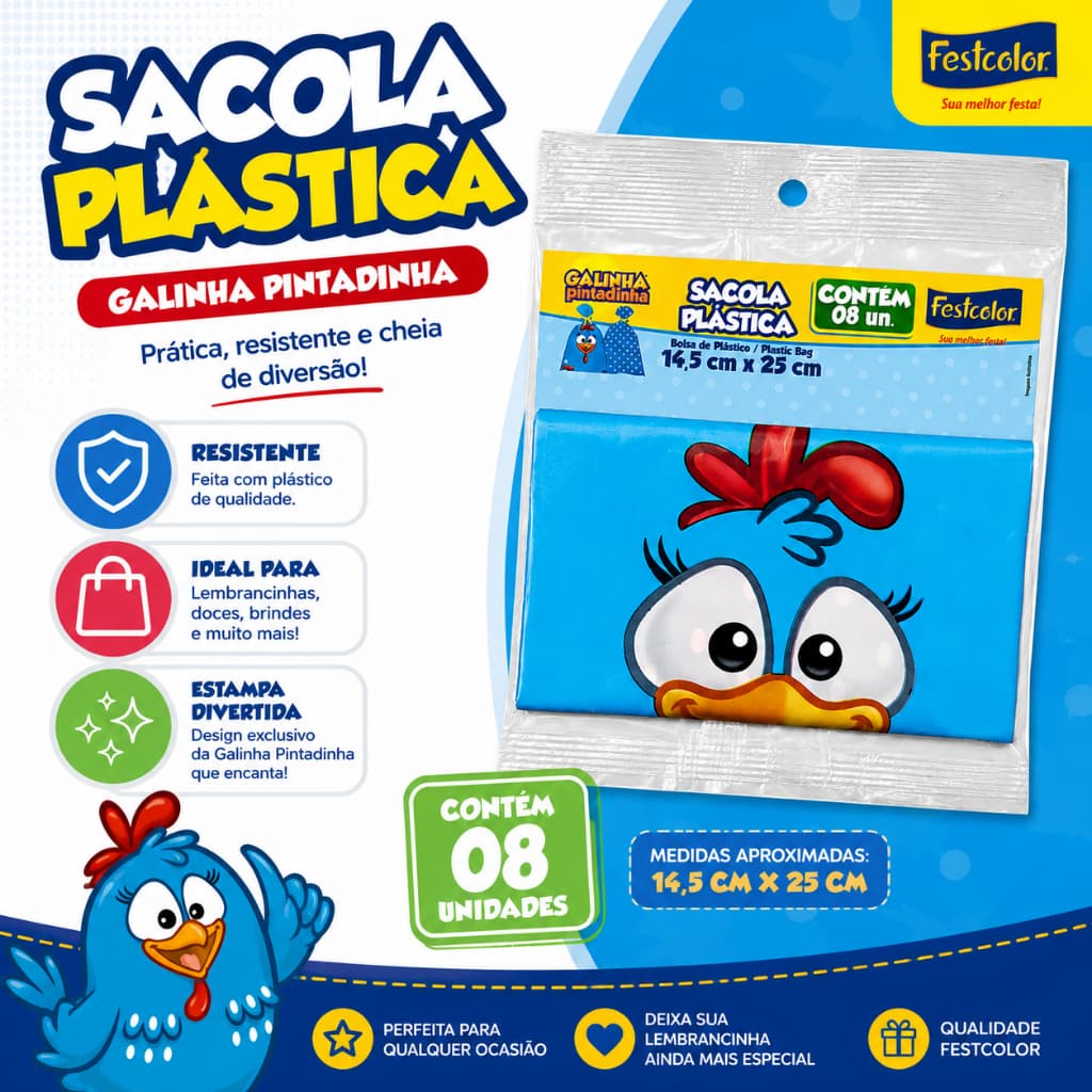 Sacola Surpresa Galinha Pintadinha Oficial Festcolor 8un Saco Plástico Lembrancinha