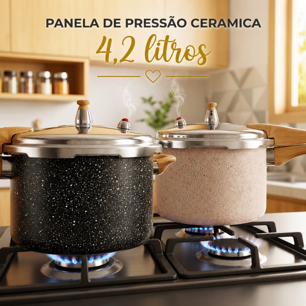 Panela de Pressão 4,2L Cerâmica Moderna Fogão Indução Antiaderente Fechamento Externo Segura Reforçada