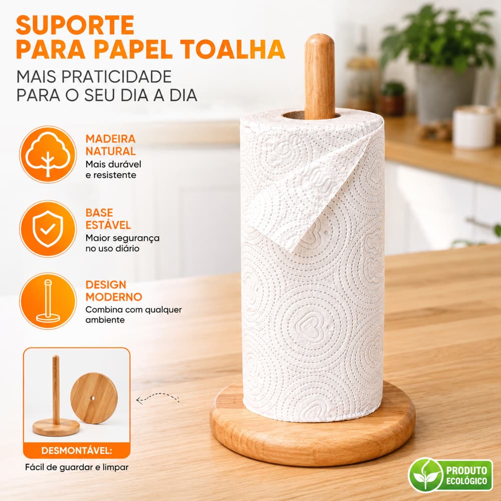 uporte Porta Papel Toalha em Madeira Natural | Base Estável e Design Moderno