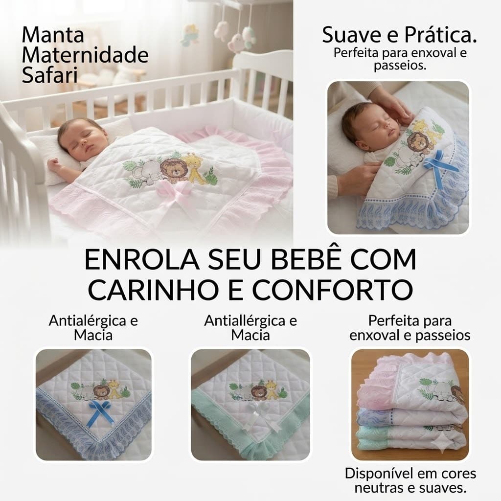 Manta Cobertor em Lese Bordada e Forrada Saida de Maternidade Hipoalergica 80cm x 80cm Safari Baby