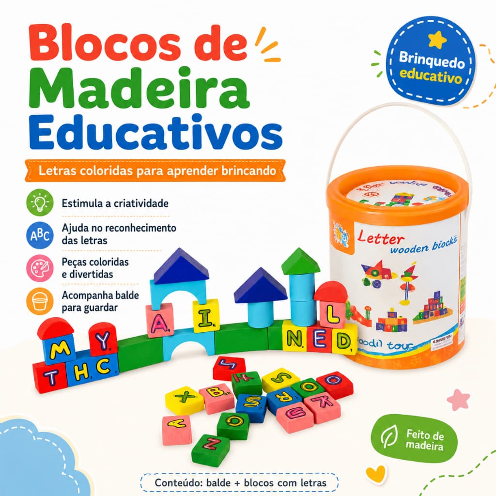 Brinquedo de Montar Educativo – Blocos de Madeira Alfabeto Infantil com 40 Peças