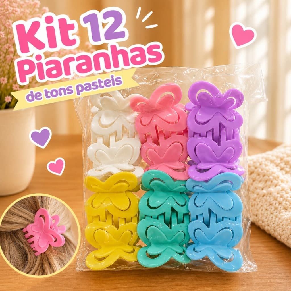 Kit 12 Piranhas Borboleta Tons Pastéis Presilha de Cabelo Coloridas Lembrançinha Bloguerinha