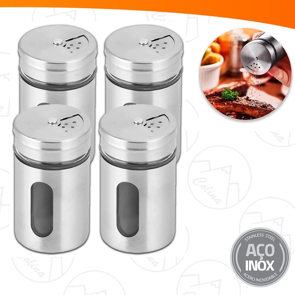 Kit 1 a 4 Porta Condimentos Saleiro Pimenteiro Temperos Sal  Aço Inox Com Visor Importadora Util