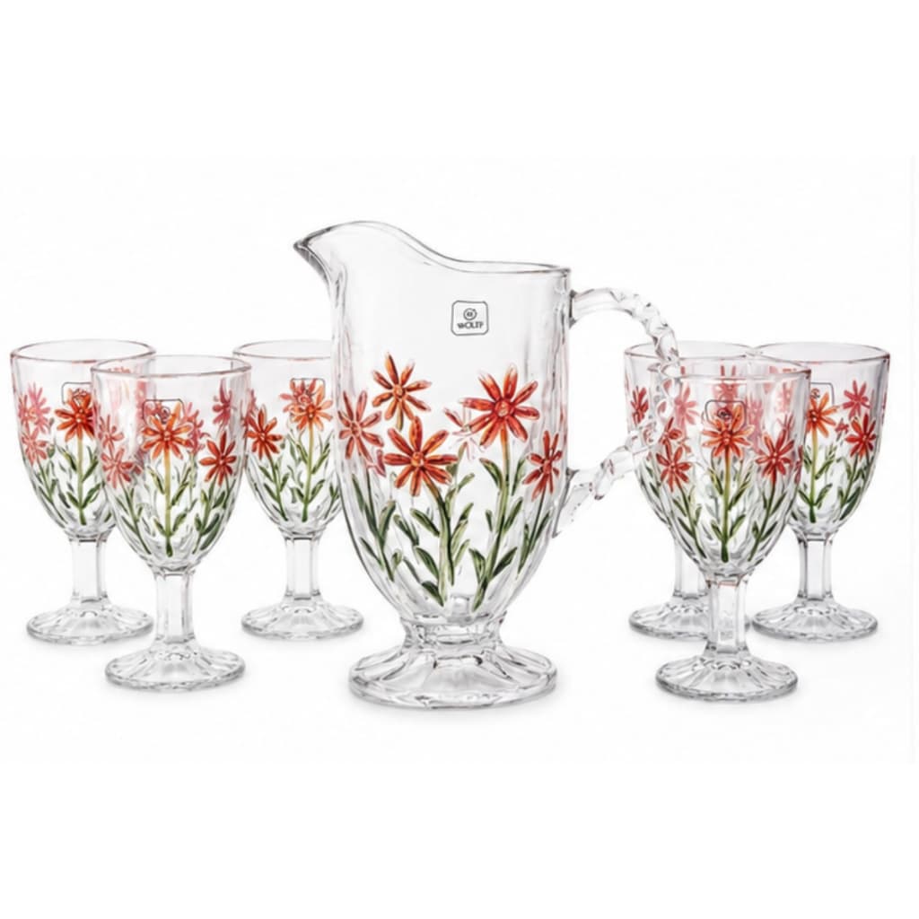 Jarra com 6 Taças Red Flower 1,5L + 300ml Vidro Decorado Floral Jogo de Suco Água Mesa Posta