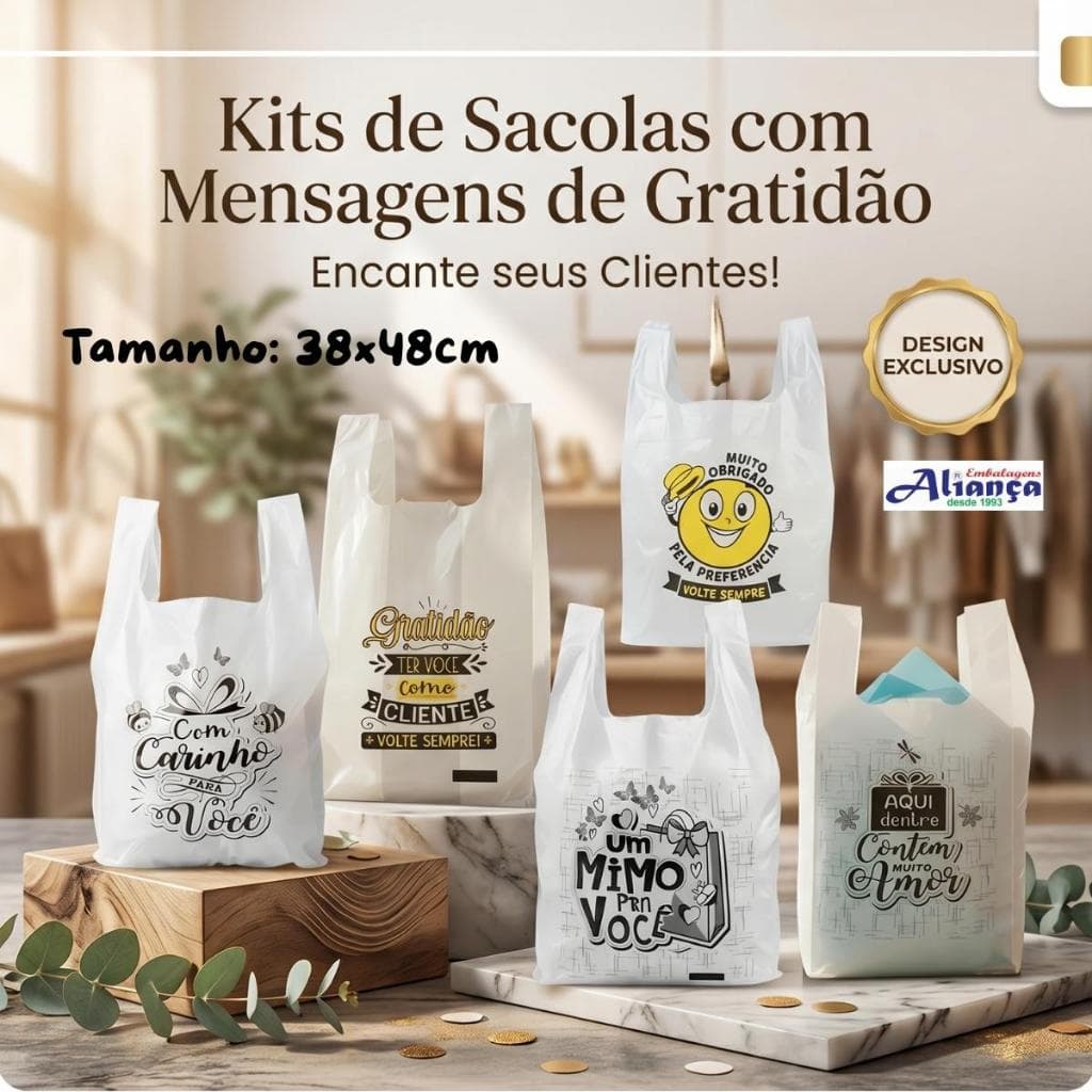 Sacola Plástica 38x48cm Resistente Volte Sempre Gratidão sacola alça camiseta