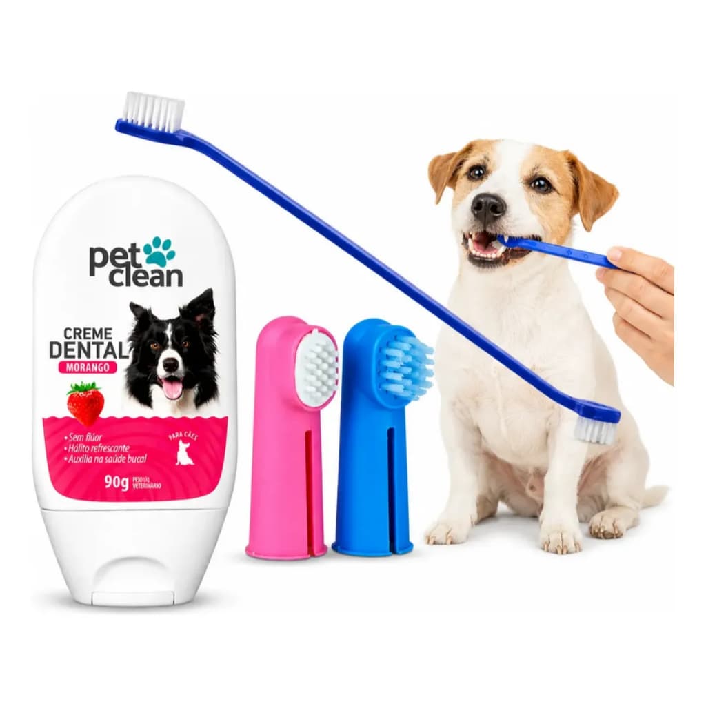 Kit Higiene Bucal Pet Gel Dental + Escova De Dente Cachorro + 2 Dedeiras