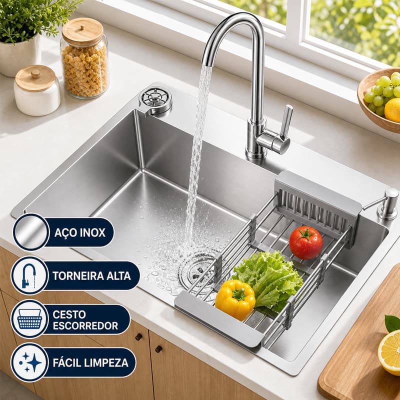 Pia Cuba de Inox Escovado Quadrada 60x45 Gourmet Cozinha com Acessórios Kit Completo Embutir