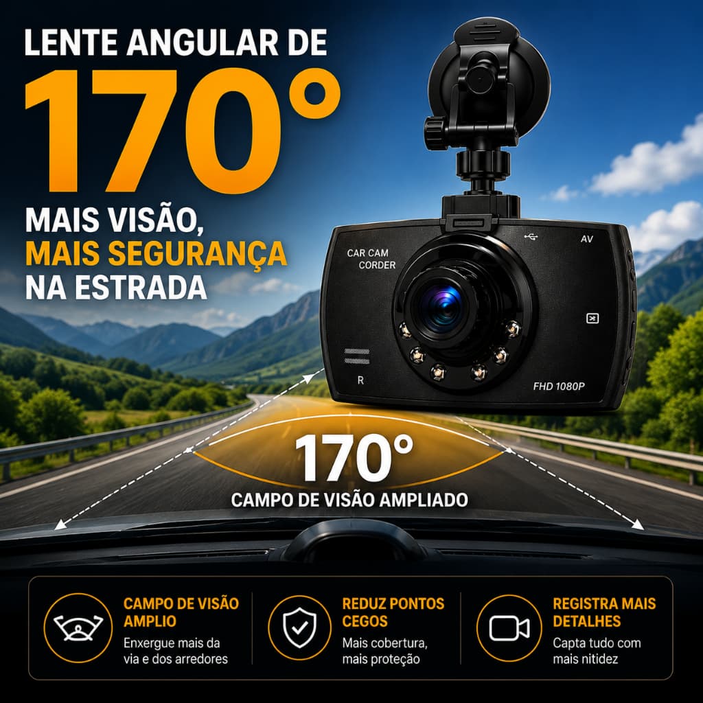 Câmera Veicular Full HD 1080P Dash Cam Car Cordei Gravação em Loop G-Sensor Visão Noturna 5V