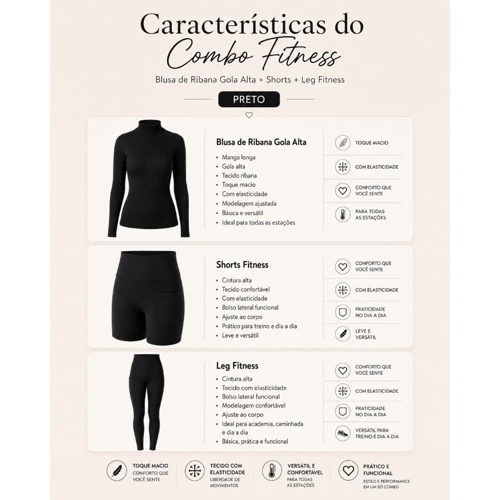 Combo Academia Feminino 3 Peças Blusa Ribana Gola Alta + Shorts + Legging Preto