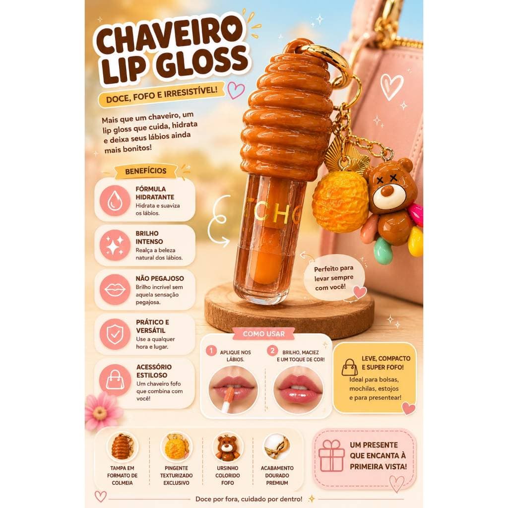 Chaveiro Lip Gloss Hidratante – Design Colmeia com Ursinho  Aroma suave e agradável. 💄 Aplicação fácil e confortável.
