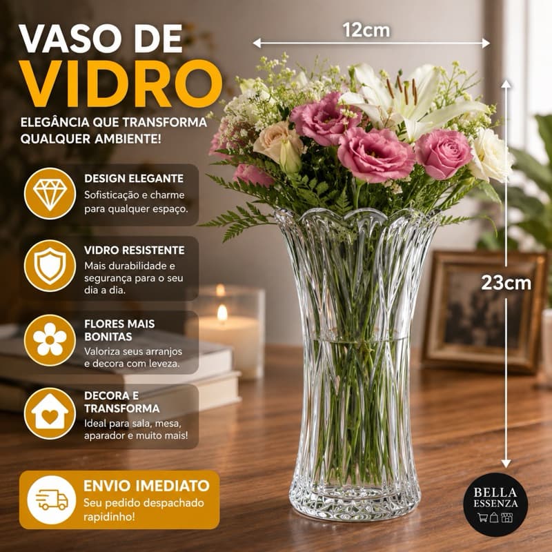 Vaso de Vidro Cristal Transparente 23cm Decorativo Luxo para Sala Mesa e Arranjos Florais